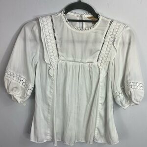 Kelly Felder US 6 Lace Ladder Crochet Ruffle Yoke White Blouse F14